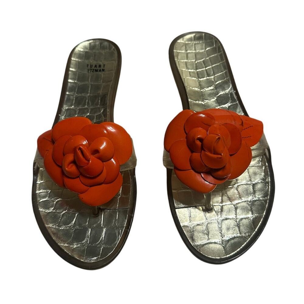Stuart Weitzman Jelly Thong Flip Flop Size 9 Patent Leather Floral Flower Sandal - Picture 1 of 6